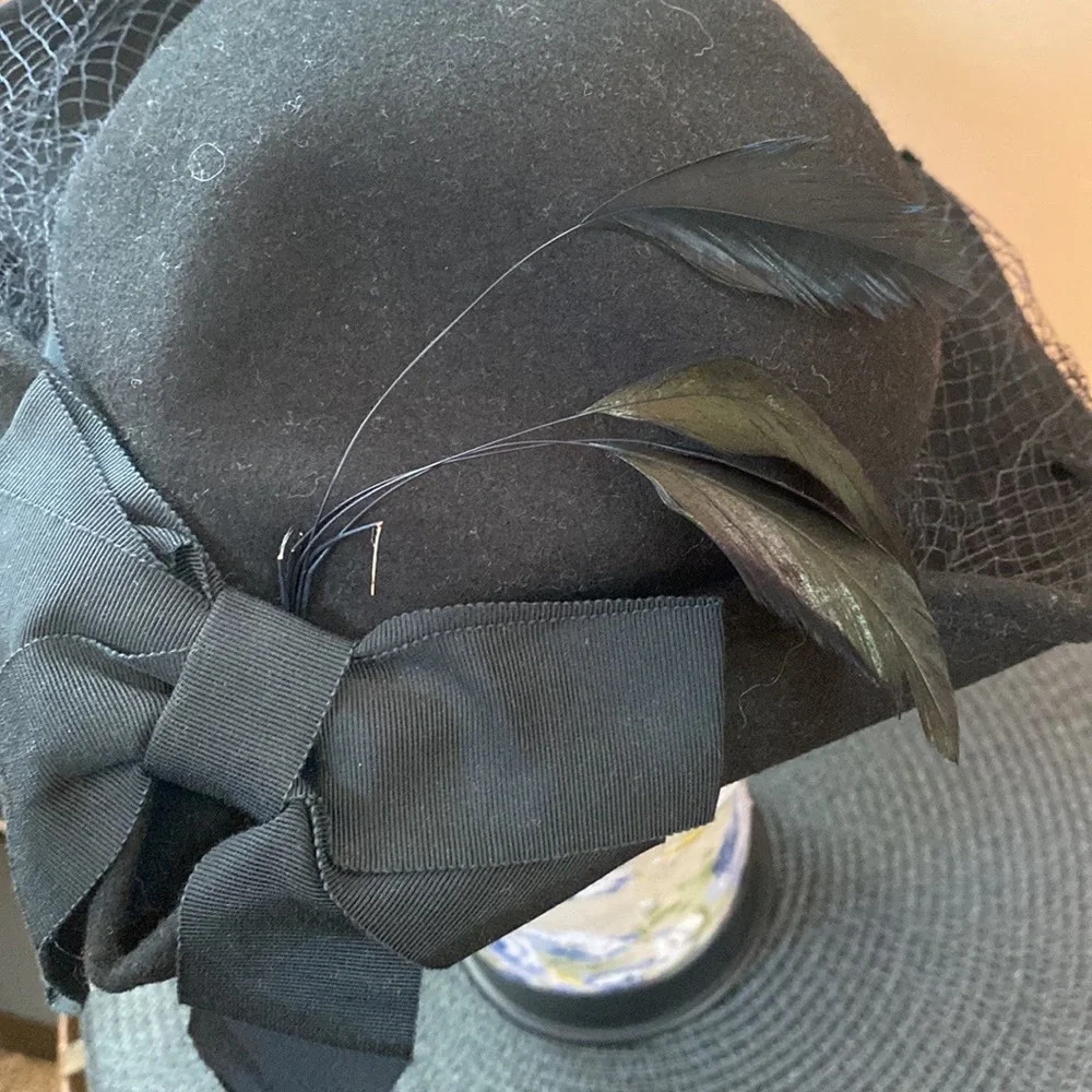 VTG Black Wool Victorian Hat Birdcage Dot Veil Bow - Picture 14 of 14